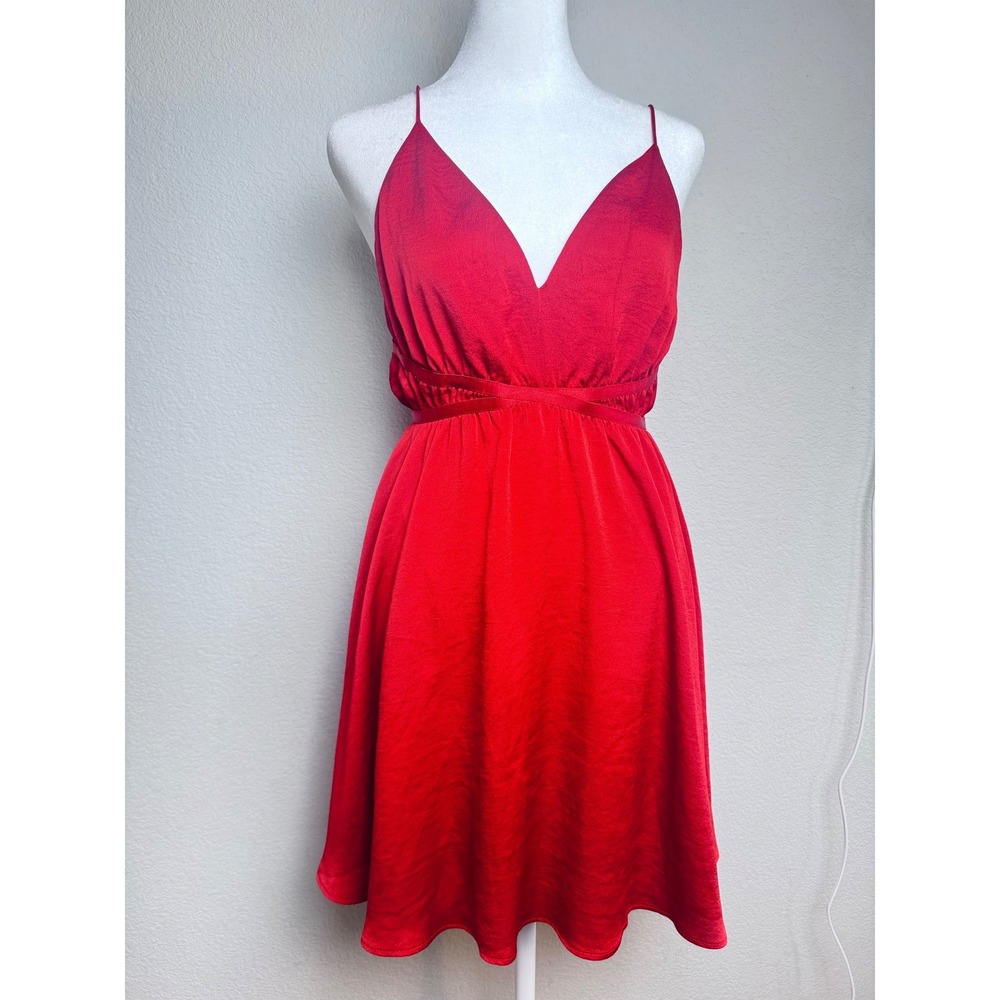 Express Red Satin V-Neck Tie Back Mini Dress Womens Size Small NWT Party